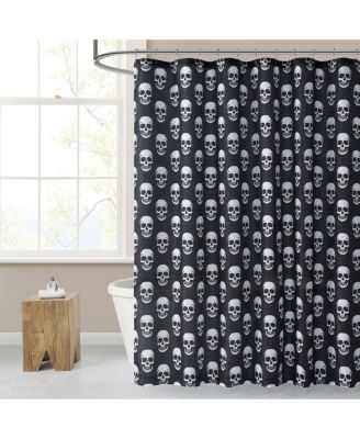 Halloween Accents Black and White Spooky Skulls Fabric Shower Curtain