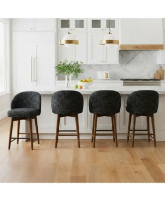 Set of 4 Chenille Swivel Counter Height Stools, Walnut Wood Legs