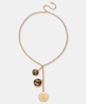 Tortoise-Look & Logo Charm Lariat Necklace, 16" + 3" extender