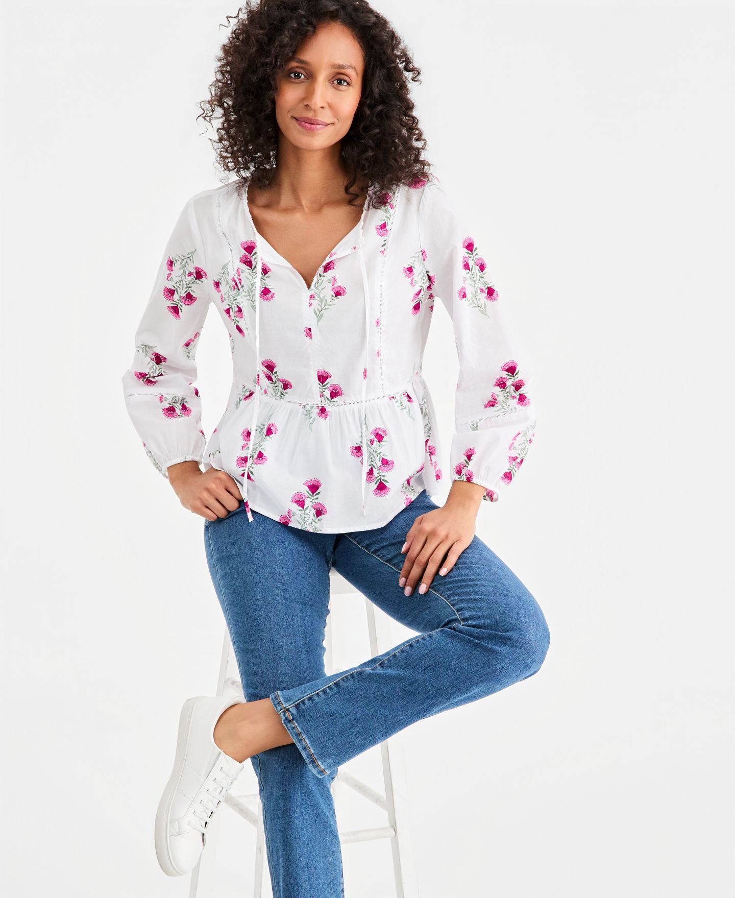 Женская блузка Style & Co Cotton Printed Peplum Popover Blouse, цвет: С принтом яркий белый — фото 2