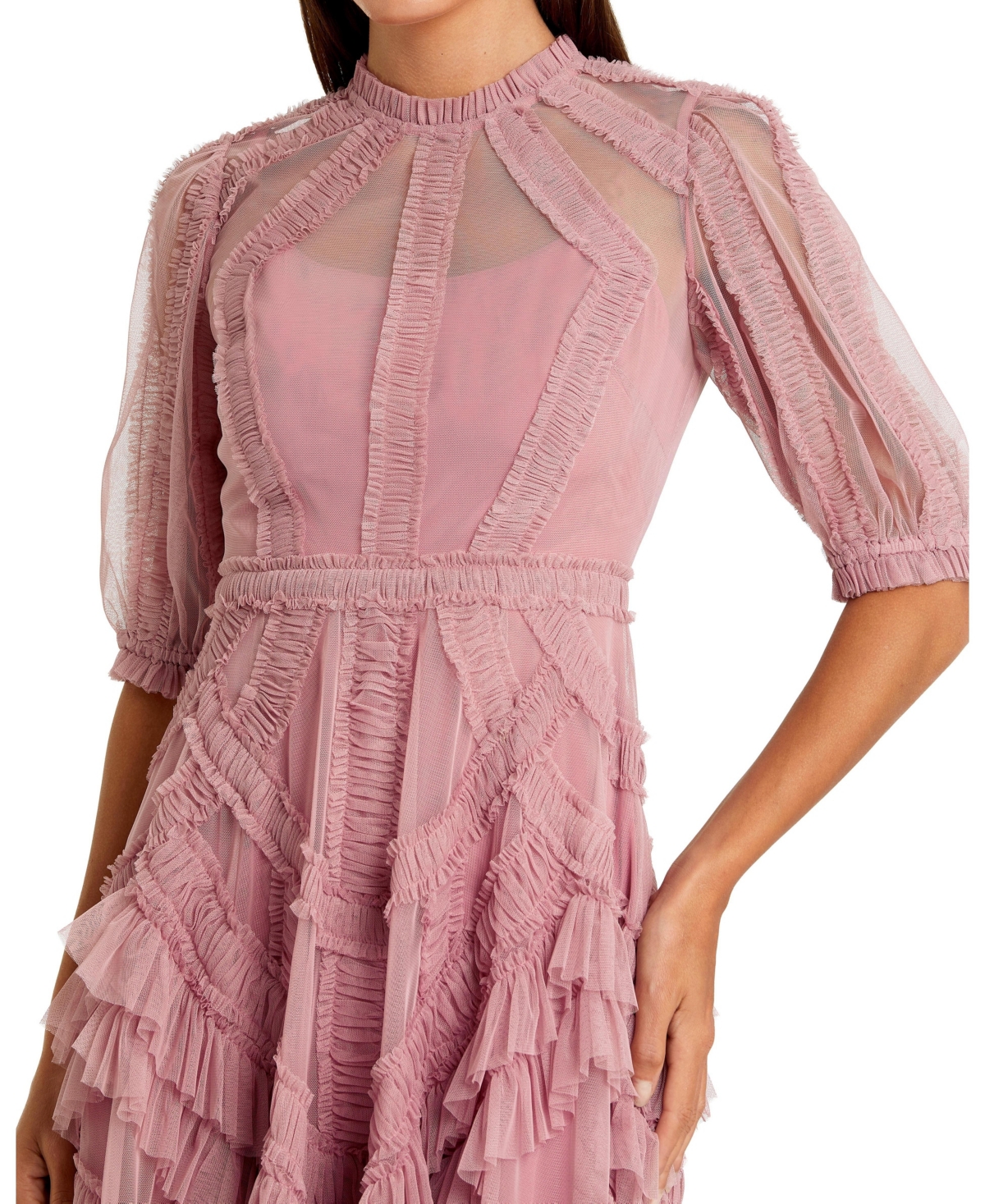 Mac Duggal Petite High Illusion Neck Ruffle Tiered A-Line Midi Dress