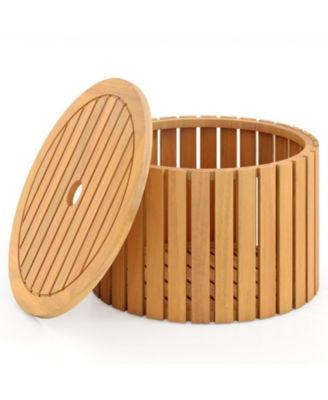2-in-1 Outdoor Side Table with Storage Acacia Wood Round Slatted End Table Storage Box