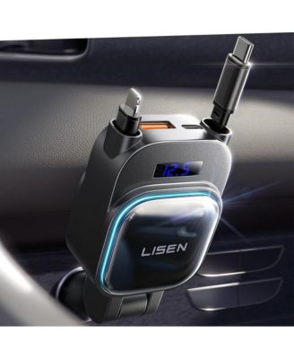96W Retractable Car Charger, 4-in-1 Fast Charging Adapter with USB-C, USB-A and Dual Cables for iPhone, Samsung, iPad, Android