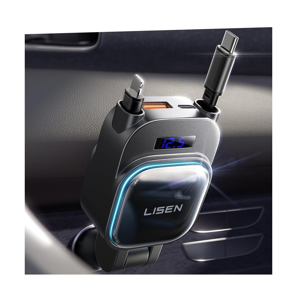 Lisen 96W Retractable Car Charger, 4-in-1 Fast Charging Adapter with Usb-c, Usb-a and Dual Cables for iPhone, Samsung, iPad, Android - Black
