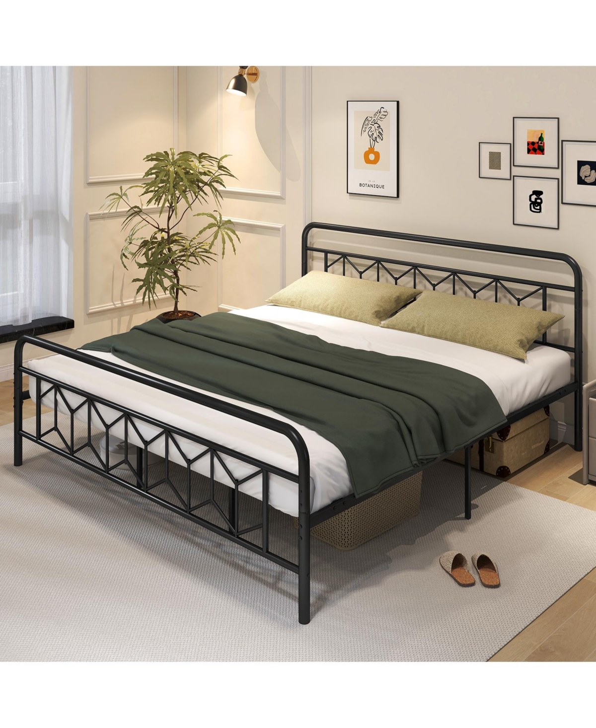 Slickblue Modern Platform Bed with Tall Headboard Secure Snap Lock Slats Design