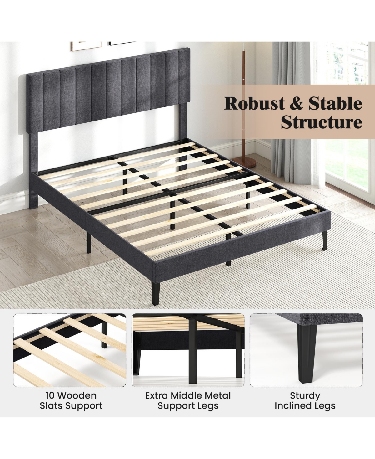 Slickblue Modern Velvet Platform Bed with Height Adjustable Channel Headboard Upholstered Frame