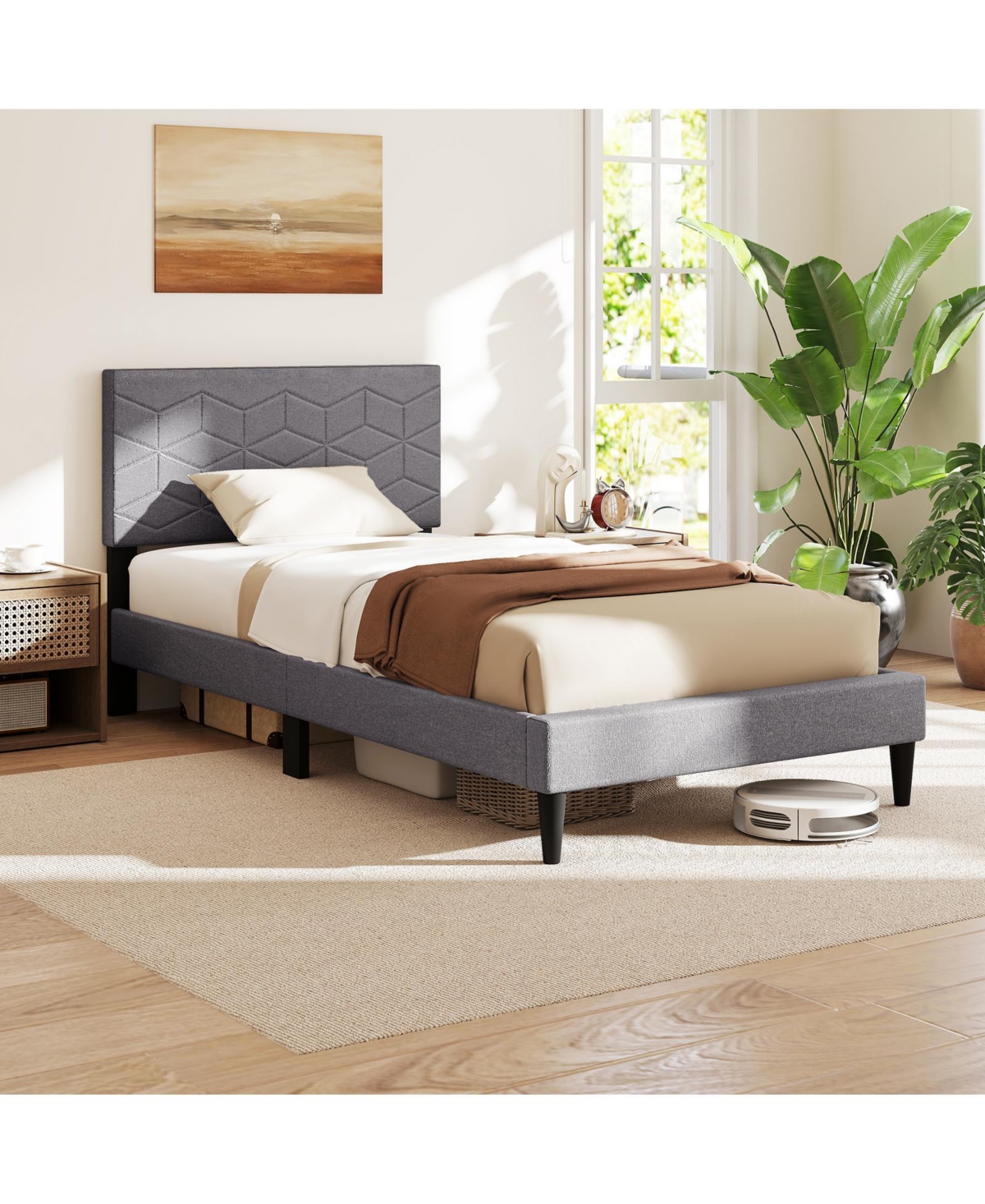 Slickblue Linen Fabric Upholstered Platform Bed Frame