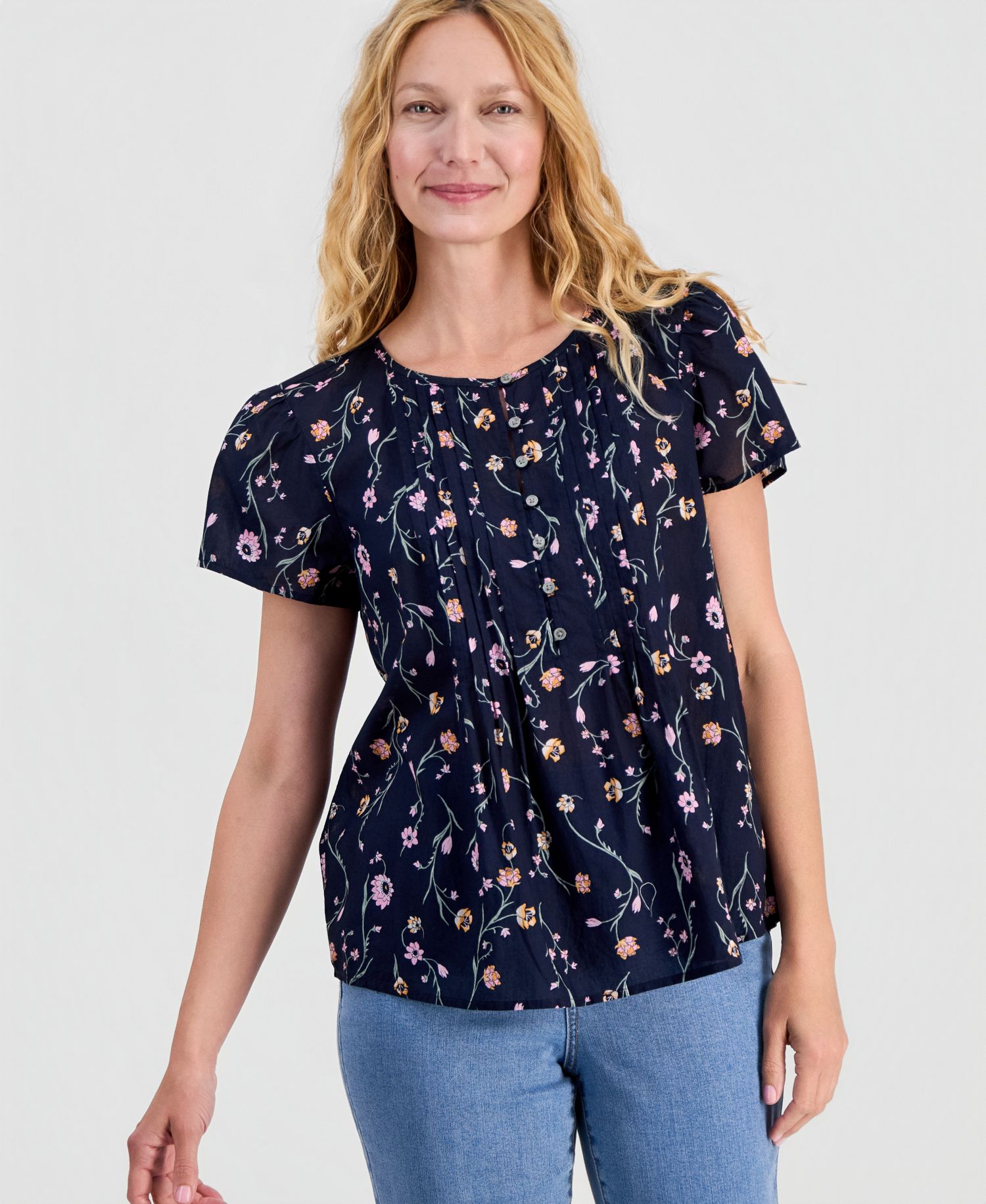 Petite Printed Cotton Pintuck Flutter-Sleeve Top