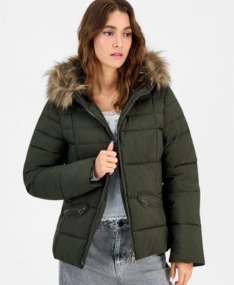 Juniors' Faux-Fur-Trim Hooded Puffer Coat