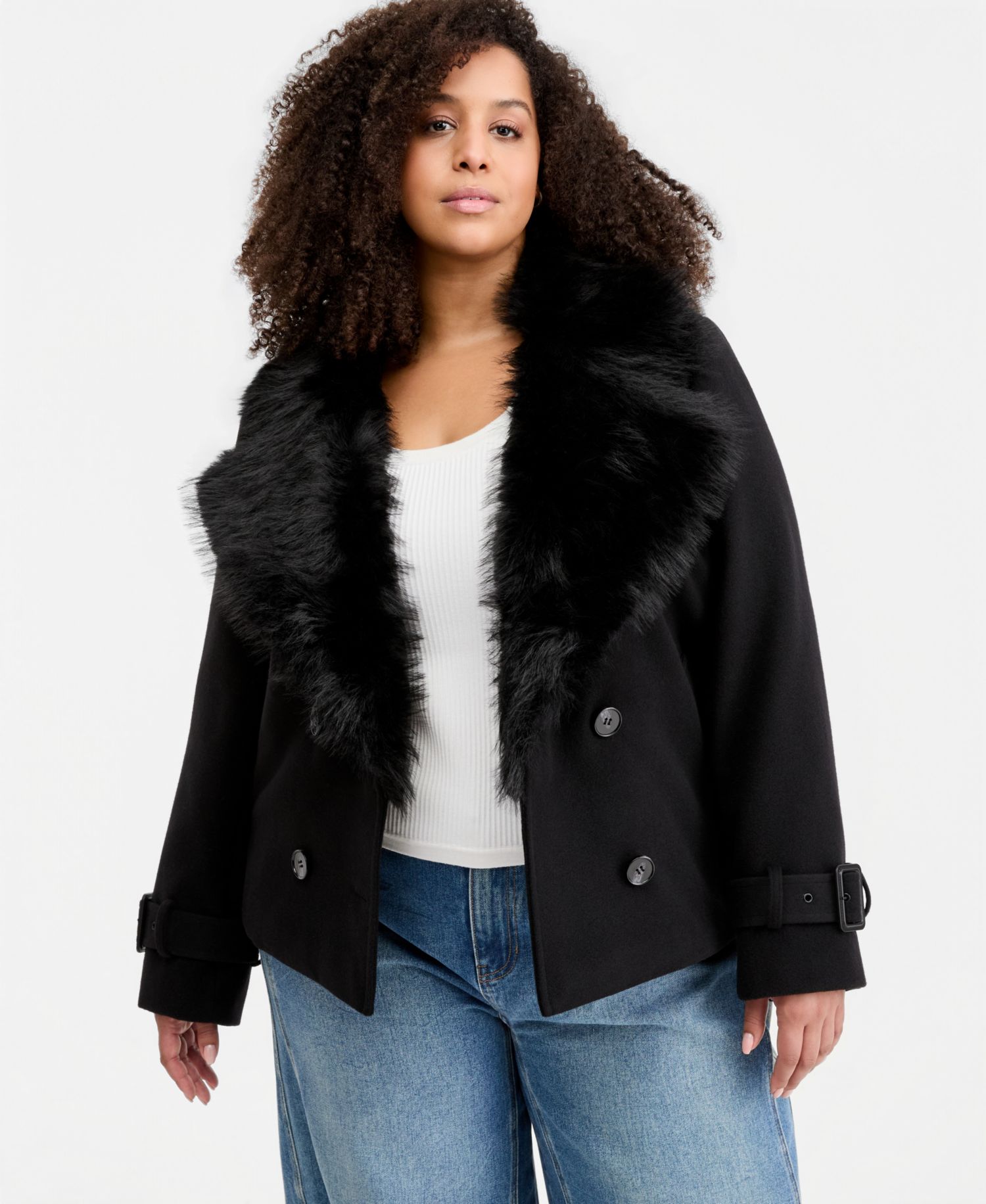 Plus Size Faux-Fur-Collar Peacoat