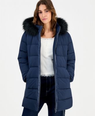 Juniors' Hooded Faux-Fur-Trim Puffer Coat