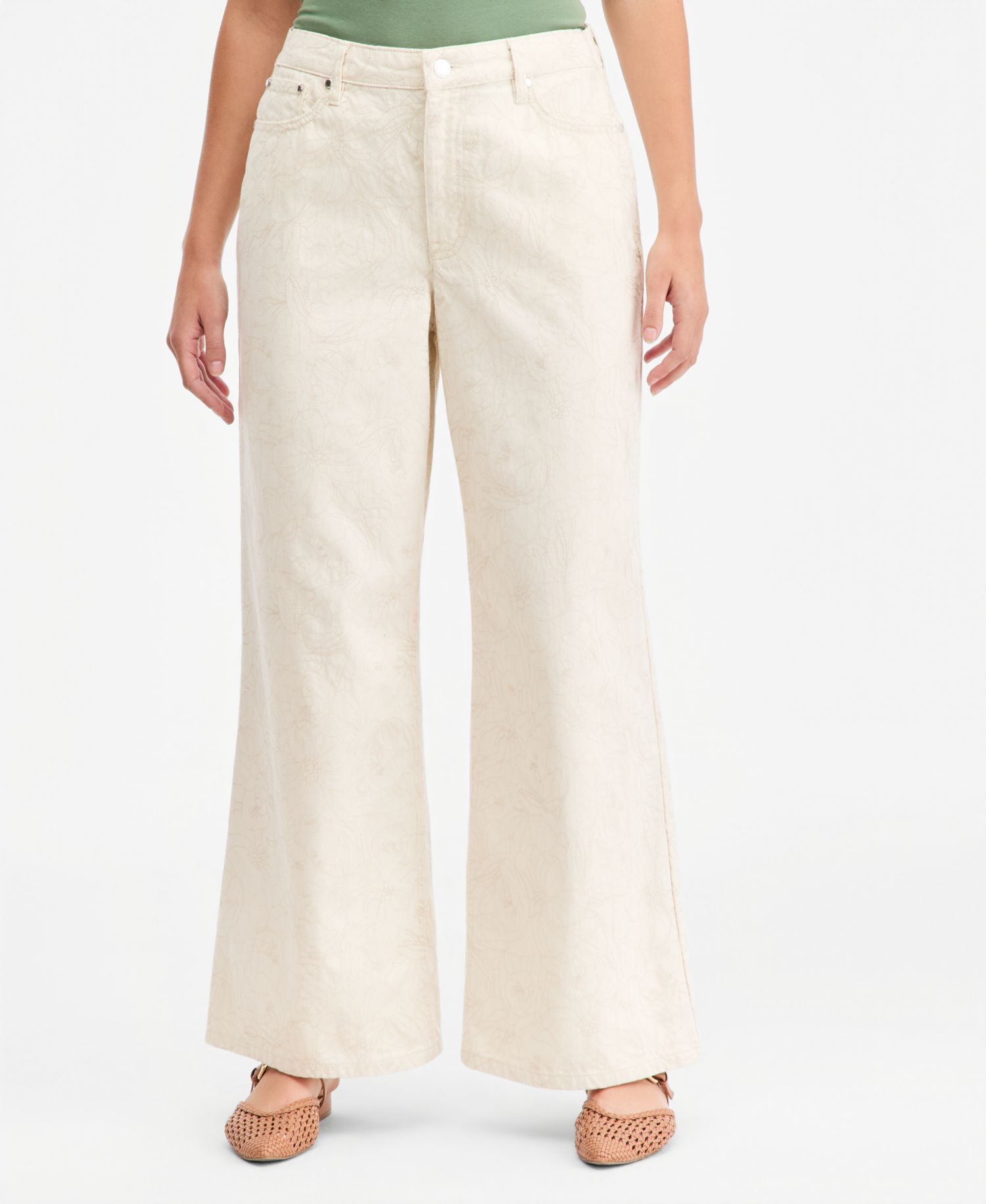 Women's High-Rise Floral Stitch Wide-Leg Jeans