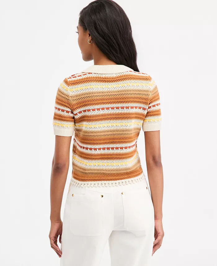 Women's Textured Stripe Short-Sleeve Collared Cardigan - thumbnail 4