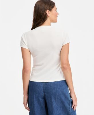 On 34th Women's Rib-Knit Short-Sleeve Button Front Top