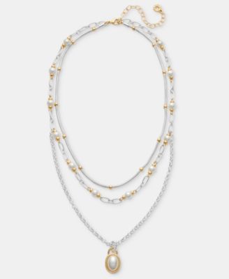 Two-Tone Chain Faux Imitation Pearl Multi-Row Pendant Necklace