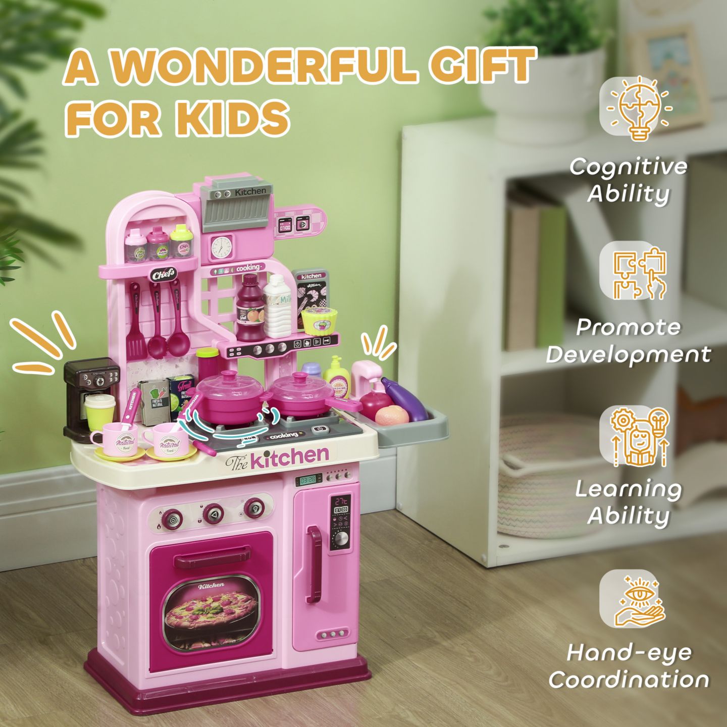 Детская игрушка Qaba Kids Play Kitchen with Lights, Sounds, 33 Accessories, Storage, цвет: Розовый — фото 8