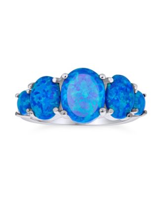 Classic 3 Stone Oval Created Opal Ring Band .925 Sterling Silver