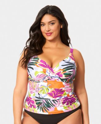Plus Size V-Neck Underwire Printed Drape Front Tankini Top