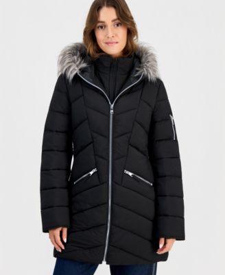 Juniors' Faux-Fur-Trim Hooded Puffer Coat