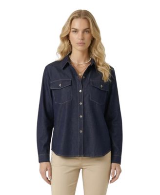 Women's Denim Collared Button-Front Pocket Shirt