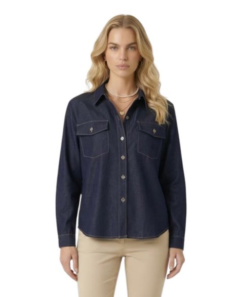 Женская рубашка Modenaire Denim Collared Button-Front Pocket, цвет: Тёмный индиго синий