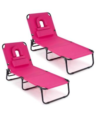 2PCS Folding Beach Sun Lounger w/Face Hole Removable Pillows 4-Position Backrest