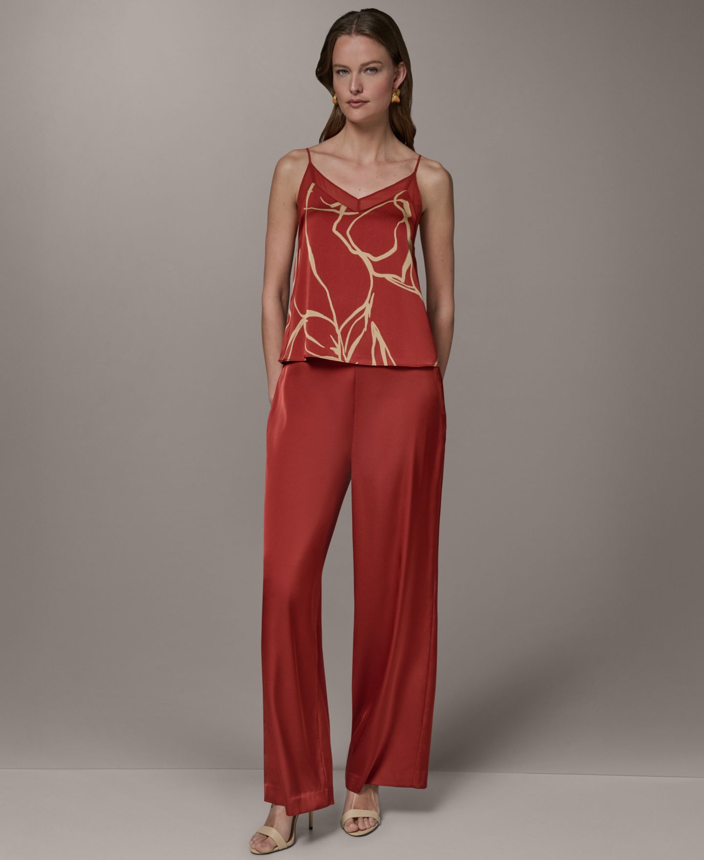 Женский топ-камзол Donna Karan New York с принтом, V-образным вырезом и кружевной отделкой, цвет: Sunbaked/F — фото 2