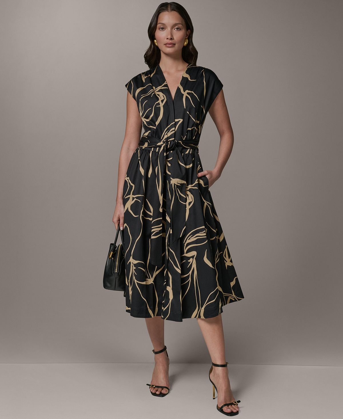 Donna Karan New York Women's Printed Tie Belt V-Neck Midi Dress view 3 — MAYCSS fashion products