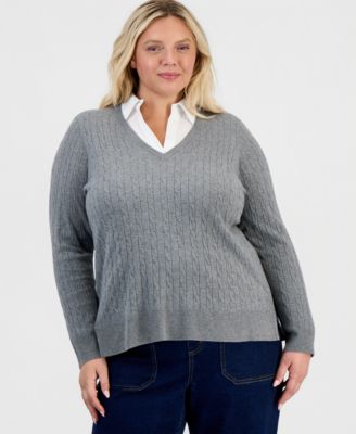 Plus Size Layered Cable-Knit V-Neck Sweater, Macy's Exclusive 