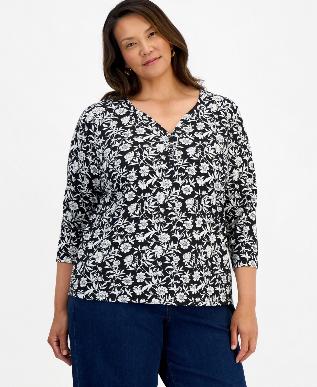 Style & Co Plus Printed 3/4 Sleeve Henley Top, Macy's Exclusive
