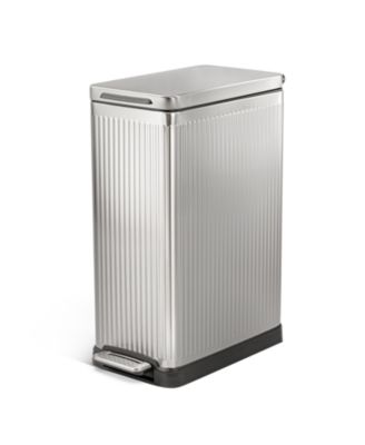 12 Gallon Slim Kitchen Trash Can with Step Pedal, Soft-Close Lid and Reeded Stainless Steel Body, Silver