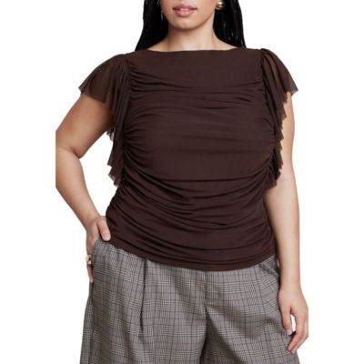 Women's Shirred Mesh Top With Shoulder Flounces