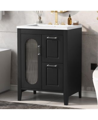  Freestanding Bathroom Vanity with Sink, Solid Wood Cabinet, Moru Glass Door, Adjustable Shelf for Small Spaces