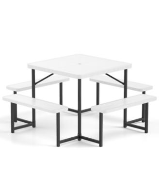 Outdoor Square Picnic Table Bench Set for 4-8 People with Umbrella Hole