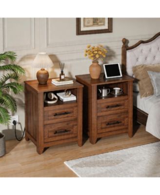 Set of 2 Farmhouse Nightstand with 2 Drawer and Open Compartment, Side Table with Charging Station, End Table with Storage Shelf for Bedroom
