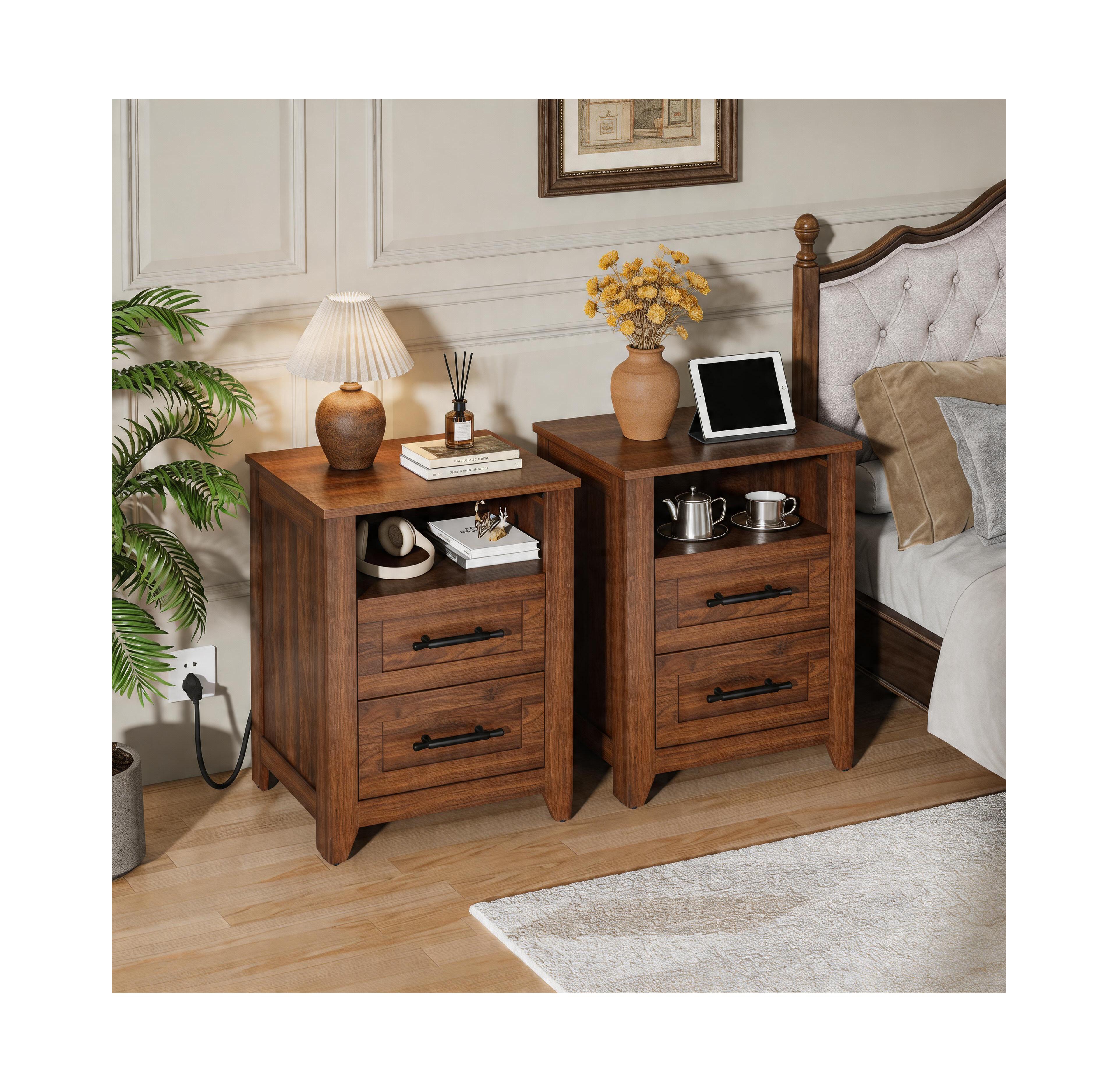 Homfan Set of 2 Farmhouse Nightstand with Drawer and Open Compartment, Side Table Charging Station, End Storage Shelf for Bedroom