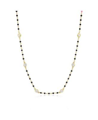 Black Enamel Bead CZ Chain Necklace 14K Gold-Plated Sterling Silver