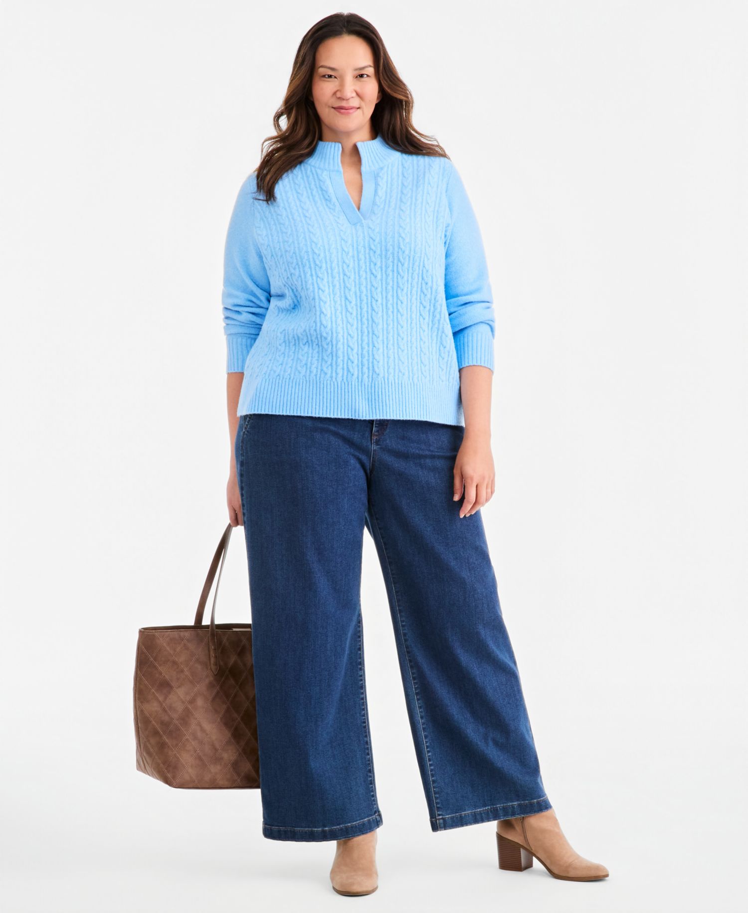 Plus Cable Split Mockneck Long-Sleeve Sweater