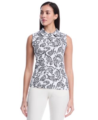 Petite Paisley Print Ruffle Trim Sleeveless Polo Shirt