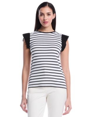 Petite Striped Ruffle Cap-Sleeve Top