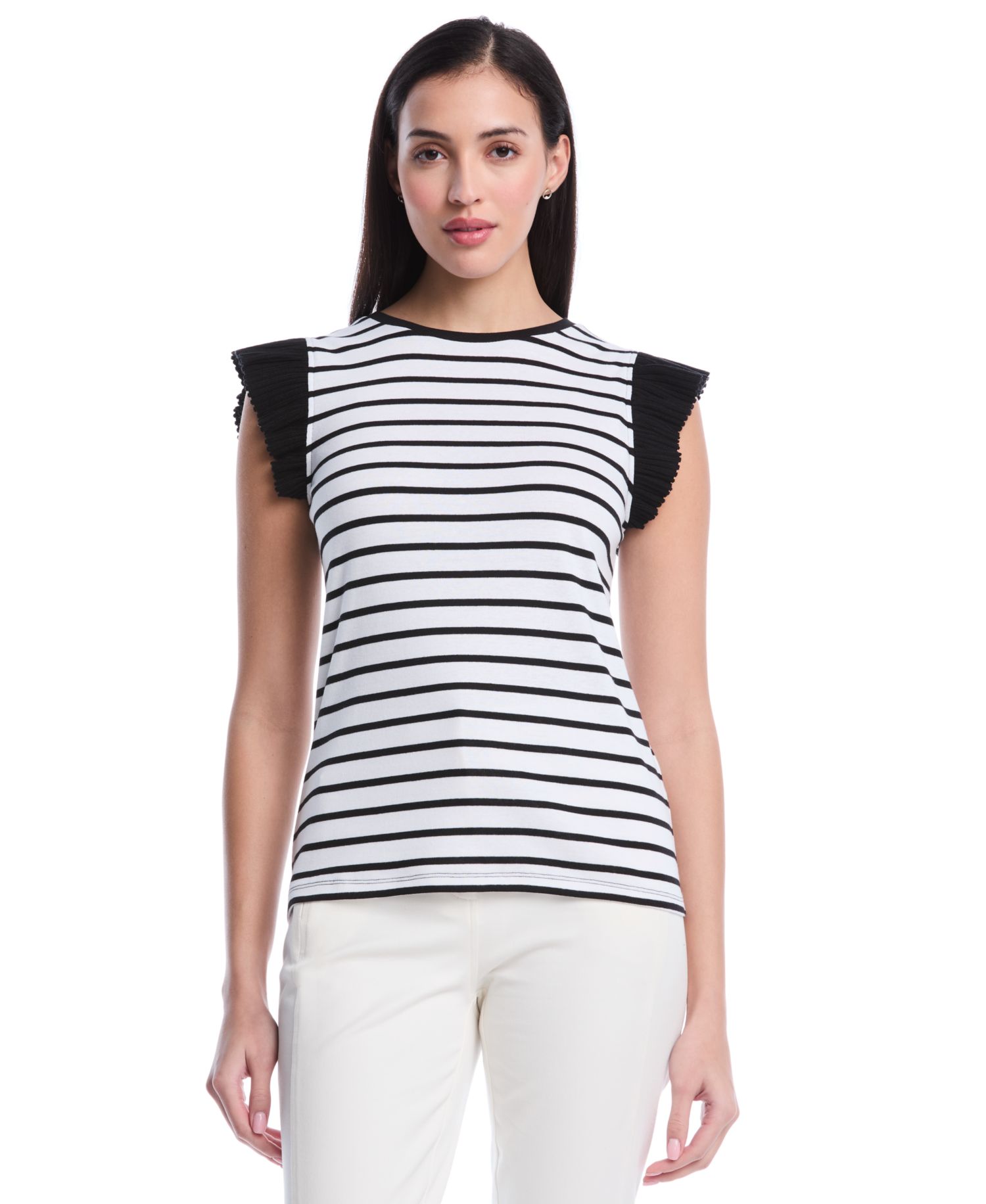 Petite Striped Ruffle Cap-Sleeve Top