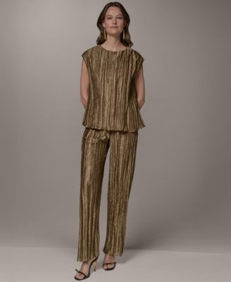 Women's Crewneck Pleated Novelty Blouse and Wide-Leg Pants