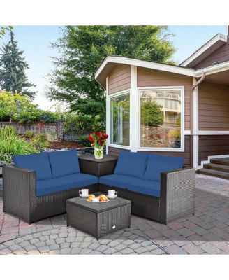 4PCS Patio Rattan Furniture Set Cushioned Loveseat Storage Table