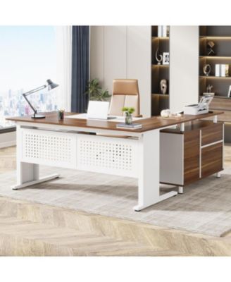 63 Inch Executive Desk with File Cabinet, Large Office Desk L Shaped Computer Desk, Business Furniture Desk Workstation
