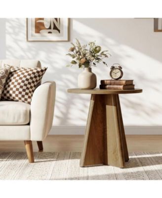 Round End Table, 19.7" Small Wooden Couch Side Table with Sculptural Base, Modern Farmhouse Bedside Nightstand Accent Table