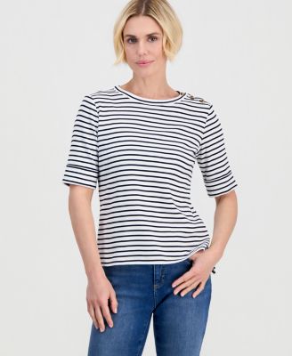 Petite Cotton Striped Asymmetric-Button Top