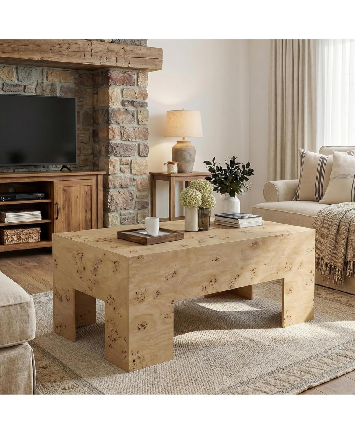 Tribesigns Wood Coffee Table, 47.24" Modern Center Table with Burl Wood Veneer, Low Rectangle Tea Table