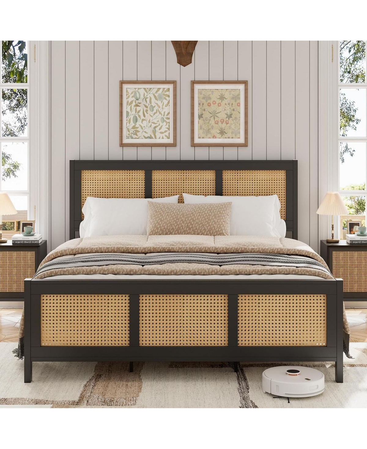 homfan Rattan Bed Frame with Sturdy Metal Slats, Noise-Free, No Box Spring