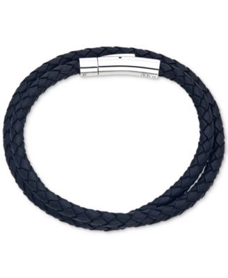 Esquire Men's Jewelry - Black Leather Wrap Bracelet in Stainless Steel