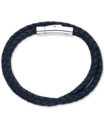 Esquire Men's Jewelry Black Leather Wrap Bracelet in Stainless Steel, Only at Macy's